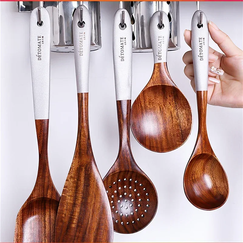 Thailand Teak Natural Wood Tableware Spoon Ladle Turner Long Rice Colander Soup Skimmer Cooking Spoons Scoop Kitchen Tool Set