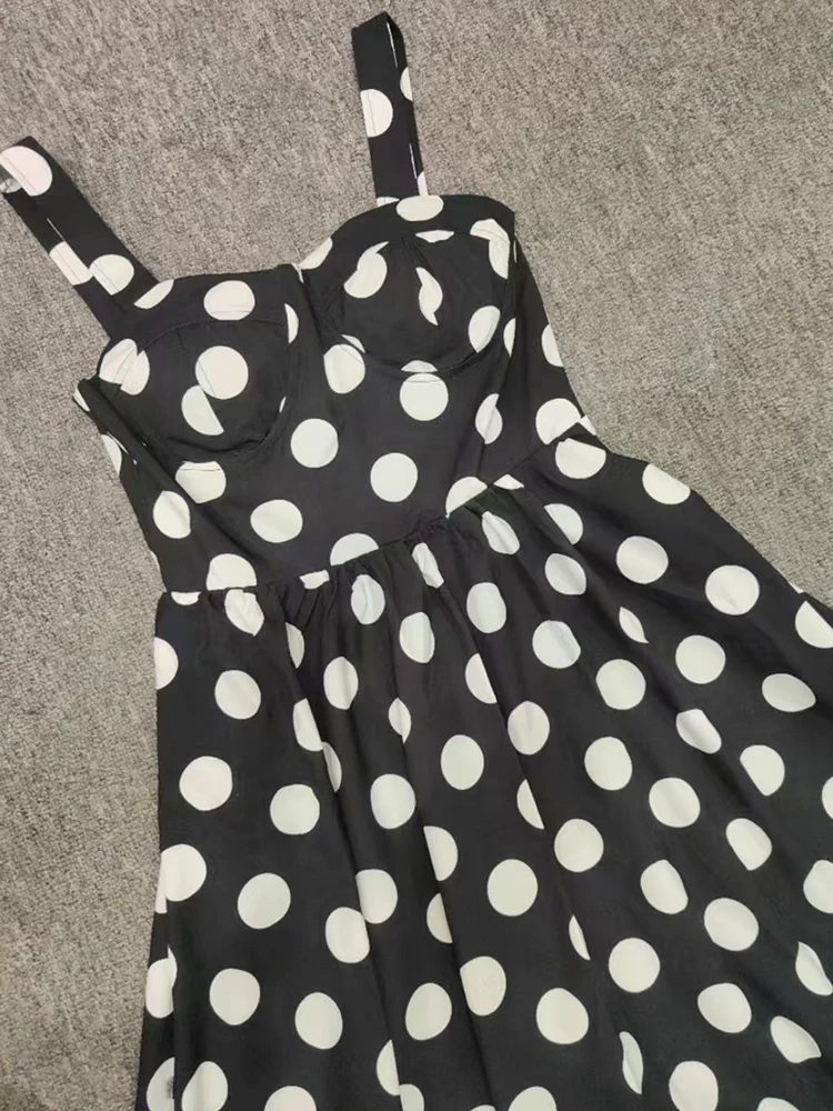 Vintage polka dot print sexy strapless halter high-waisted dress 2024 summer women\'s new fashion loose big swing pommel skirt