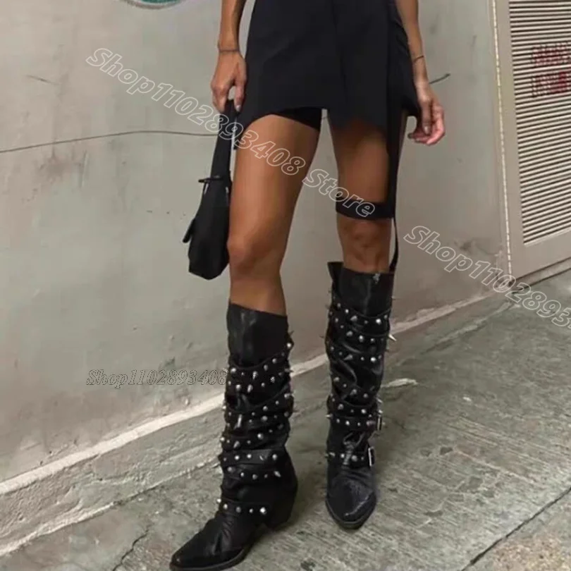 

Black Rivet Decor Punk Style Boots Pointed Toe Solid Party Dress Spring New Fashion Casual Women Shoes 2024 Zapatos Para Mujere