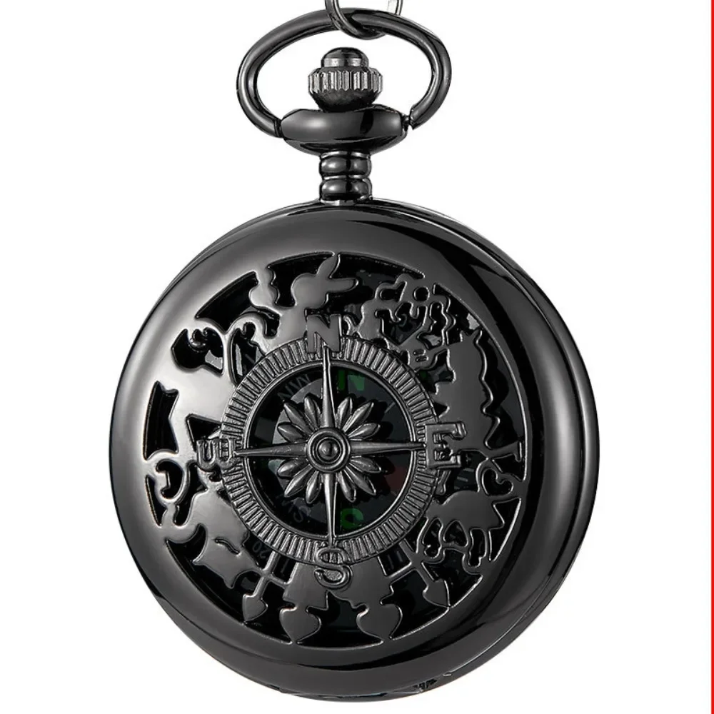 Practical Punk Compass Pocket Watch Clamshell Alloy Gold Case Necklace Pendant Glass Clock Chain