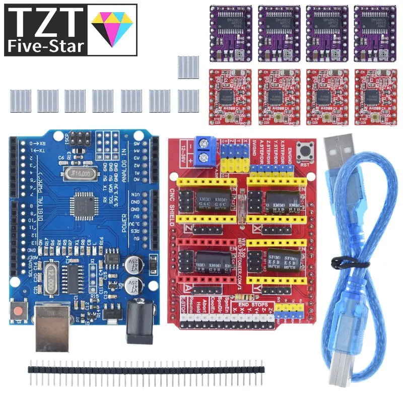 

TZT CNC Shield V3 Гравировальный станок 3D-принтер + 4 шт. DRV8825 или A4988 Плата расширения драйвера для Arduino + UNO R3 с USB-кабелем