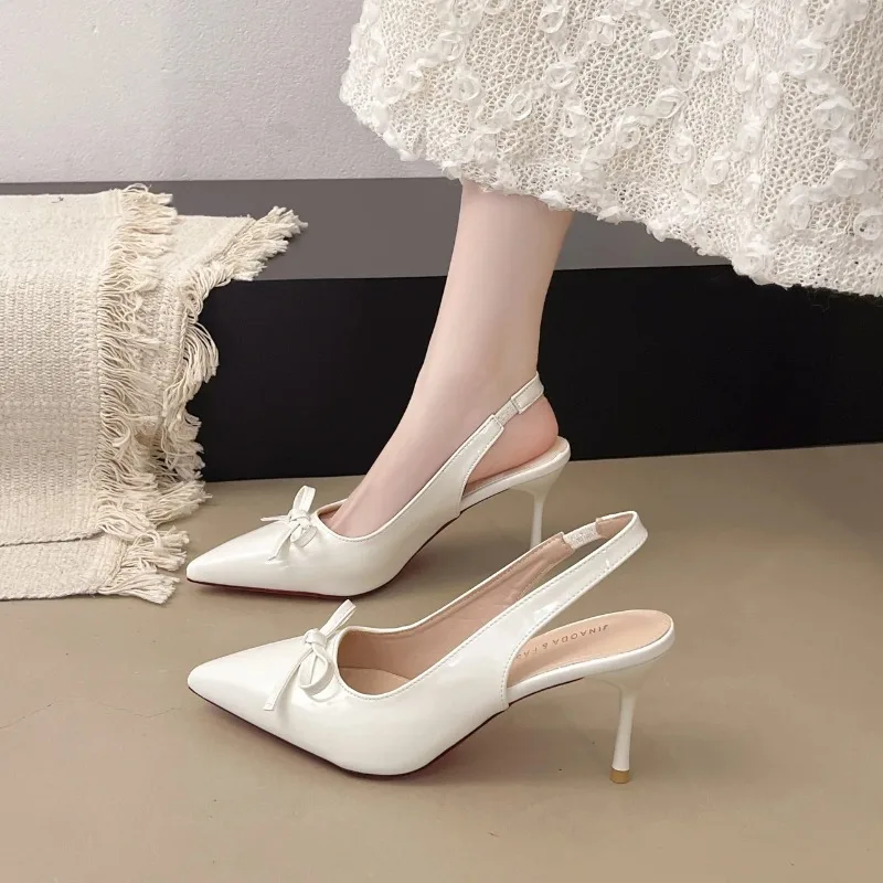 

High Heels Women 2025 Spring and Summer New Pointy Bow Shallow Mouth Thin Heel Sandals Bao Head Hollowed Out Single Shoes