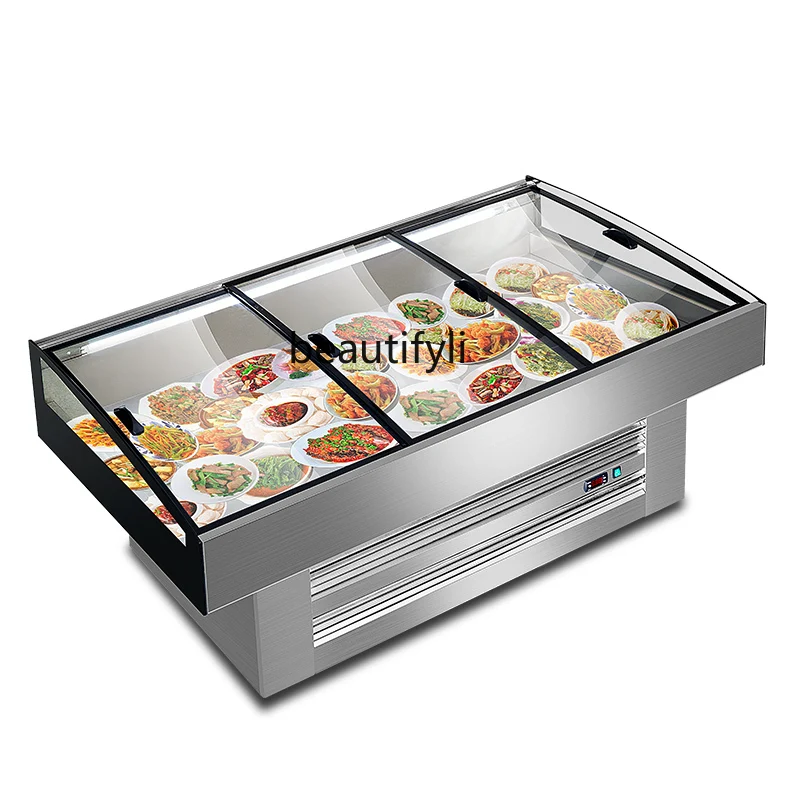 Mesa de hielo para exhibición de mariscos, vitrina comercial para platos, congelador, escalera, máquina de hielo fresco, Orden de gabinete refrigerado