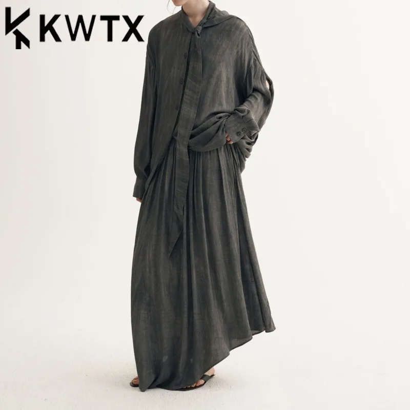 

KWTX Vintage Elegant 2 Piece Set Bow Tie Blouse Detachable Sleeves Skirt Solid Color Spring Summer 2025 Casual High Quality