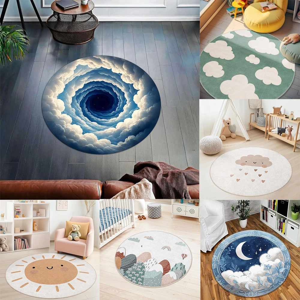 Round Carpet Cartoon Mountain Rainbow Hot Air Balloon Smiling Sun Moon Star Cloud Vortex Art Design Rug For Kids Room Home Decor