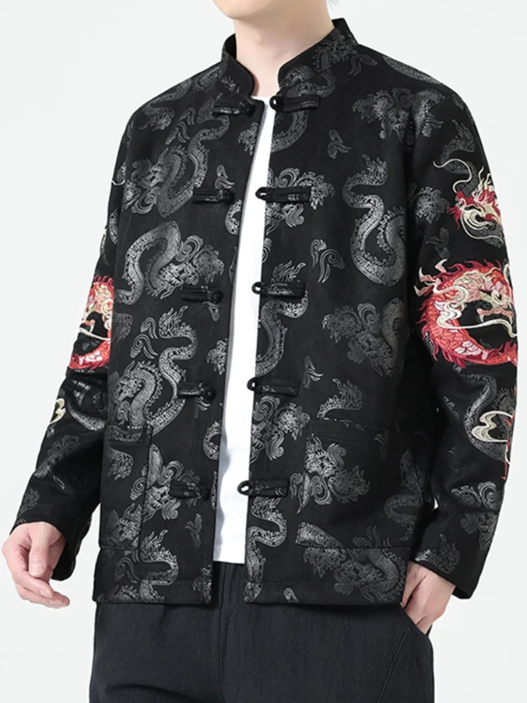 Ele Embroidered Gold-Stamped Hanfu Jaet for Middle-Aged And ly Men Spring Autumn Sle with Button Design Breathable