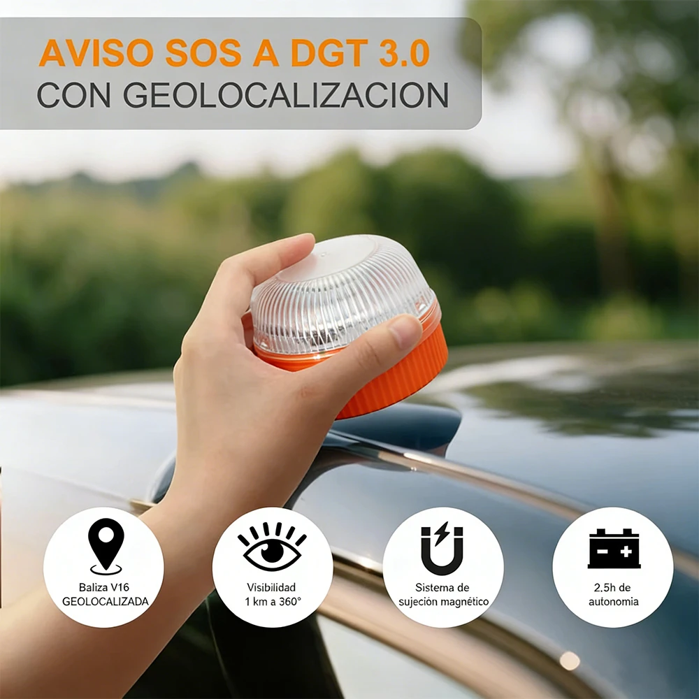 

Car Emergency Light 2026 Latest Version DGT Approved Beacon V16 with Geolocator Unlimited Telefonica Data until 2038 Light V16