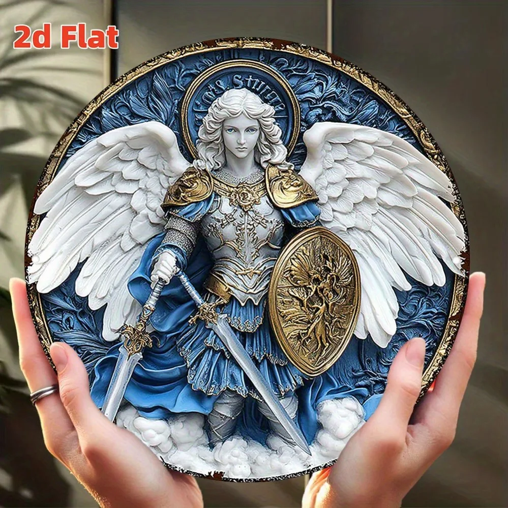 Religious Round Metal Wall Sign, 7.79x7.79 Inch Baroque Guardian Angel Aluminum Plaque for Home Church Decor