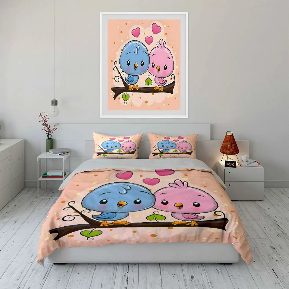 Blue and pink birds with hearts Print Soft Comfortable Duvet Cover Bedding Set Included 1*Duvet Cover  2*Pillowcases