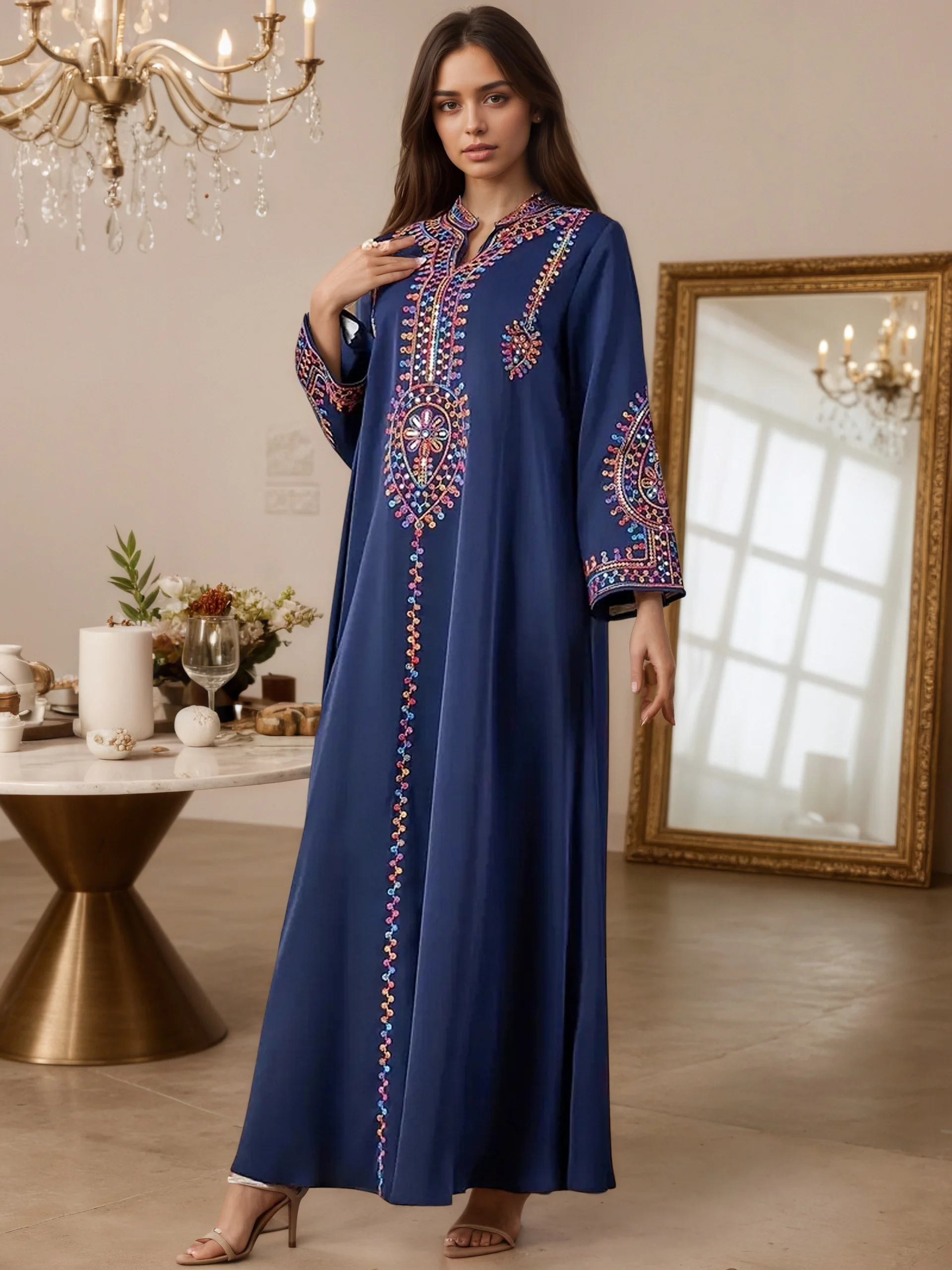2025 Hot Sell Moroccan Style Islam Women Navy Blue Abaya Intricate Hand Embroidered Patterns for Arabian evey Cultural Festivals