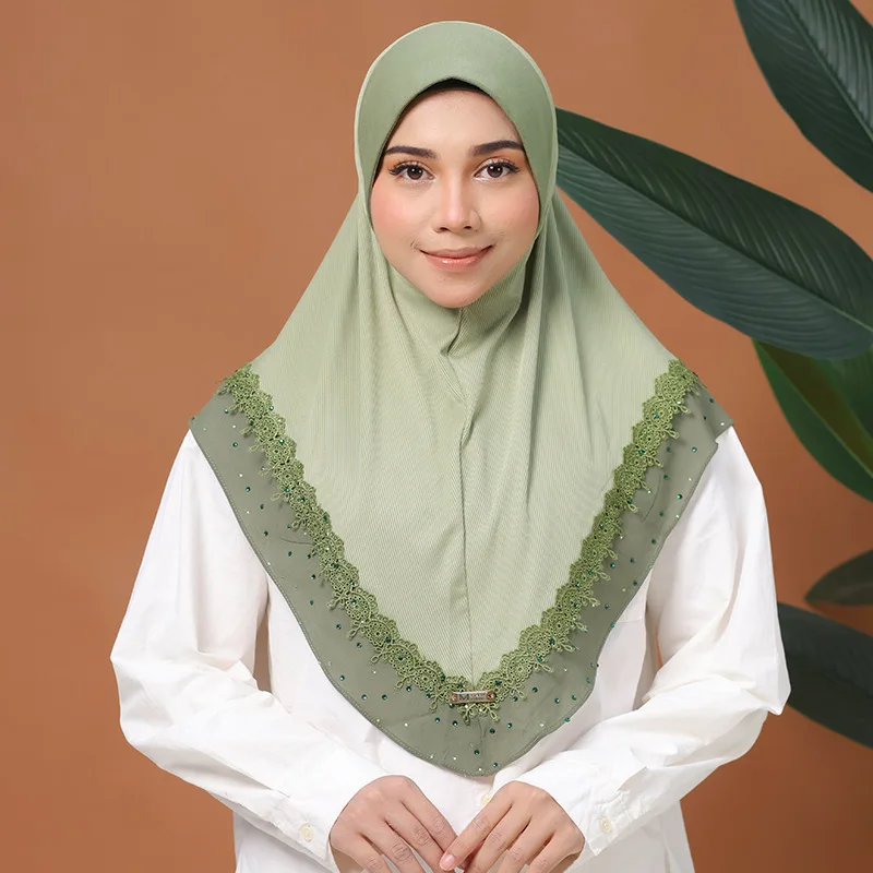 

Bubble Pearl Chiffon Lace Embroidery Instant Scarf Muslim Hijab Women Diamonds Headscarf Head Wrap Pull On Headwear Amira Niqab