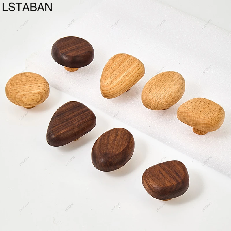 Pebble Shape Wooden Kitchen Cabinet Handle Walnut Beech Solid Wood Single Hole Drawer Pull Wardrobe Closet Furniture Door Handle