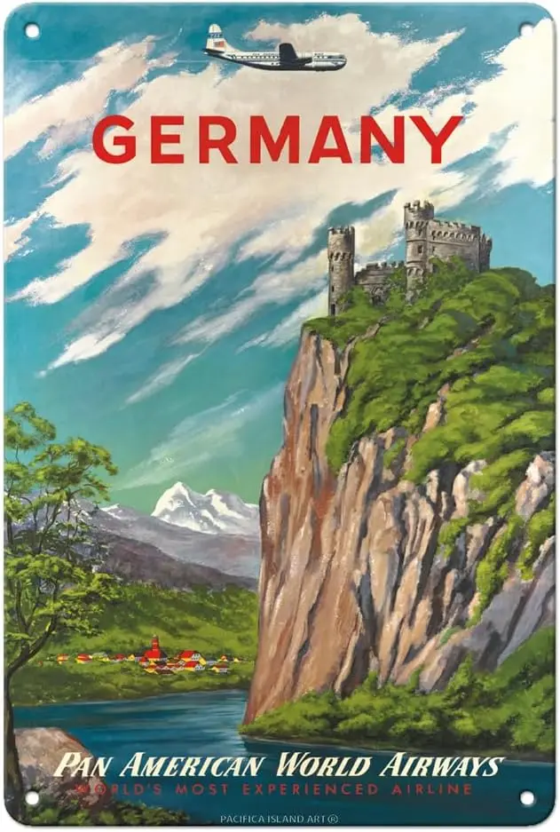 Germany - Pan American World Airways - Vintage Airline Travel Poster c.1950s - 8 x 12 inch Vintage Metal Tin Sign