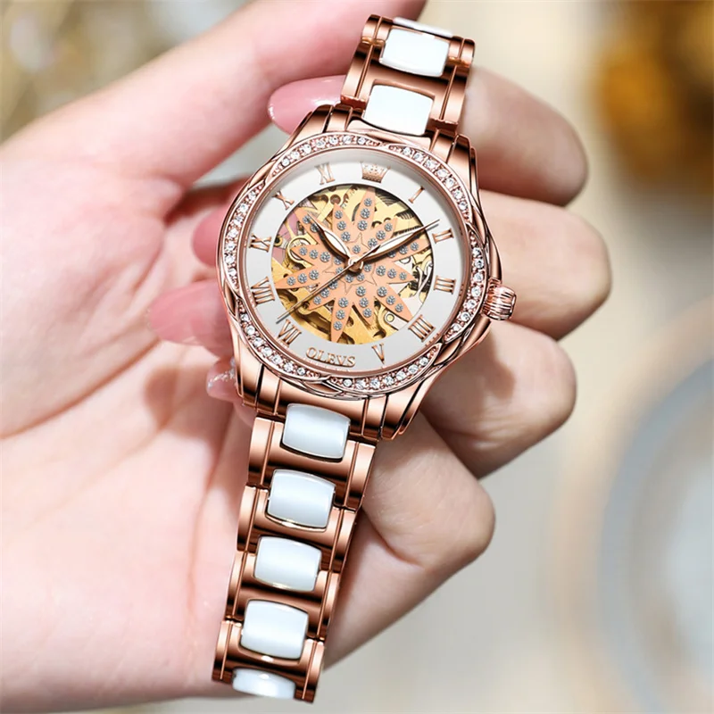 OLEVS Brand Automatic Mechanical Women Watch Fashion Ladies Rhinestone Skeleton Rose Gold Ceramics Luxury Watches Reloj Mujer