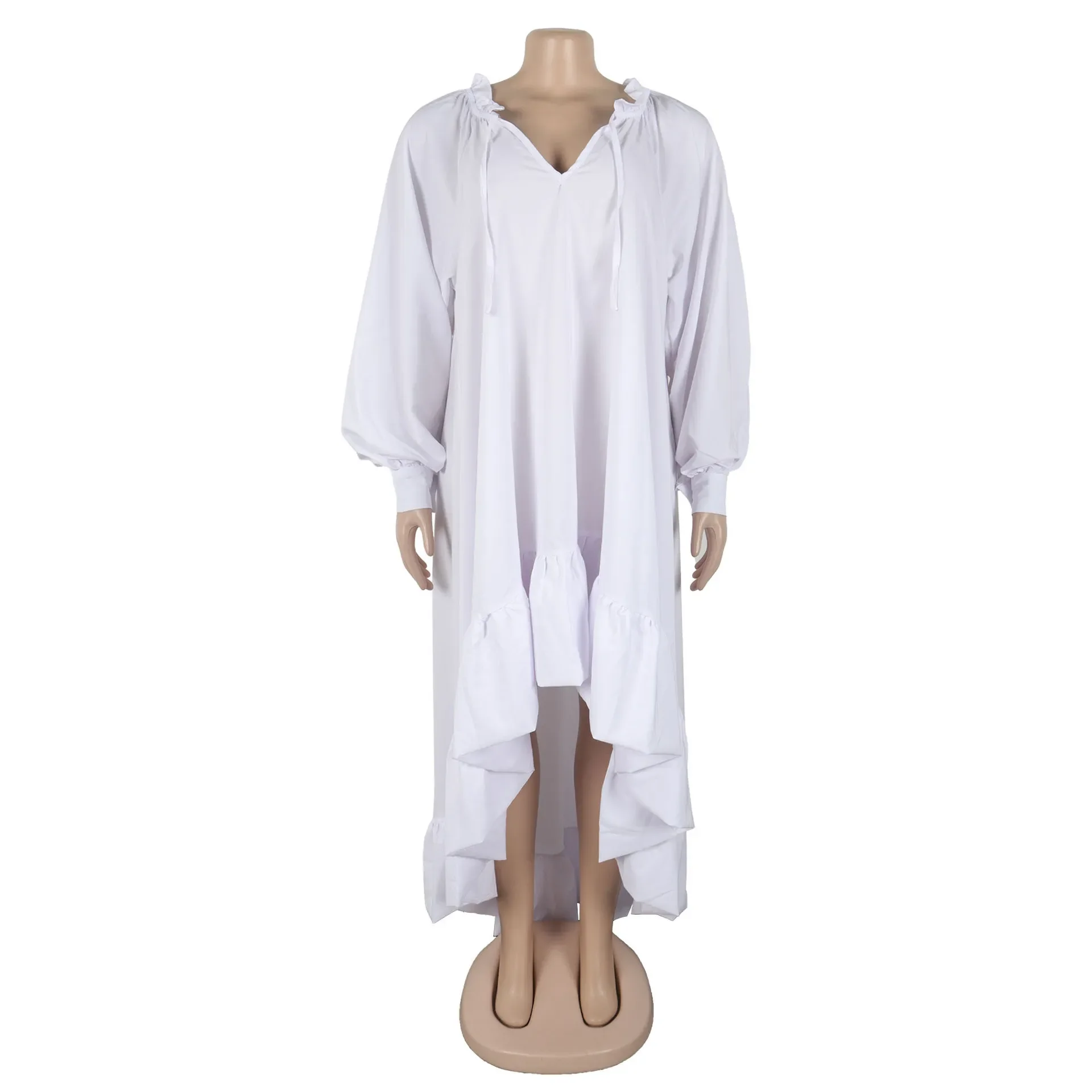 

Customized Elegant V-neck Tie-up Irregular Hem Maxi Dress Women Casual Lantern Sleeve Solid Party Dress Fashion Pleated Ruffle L