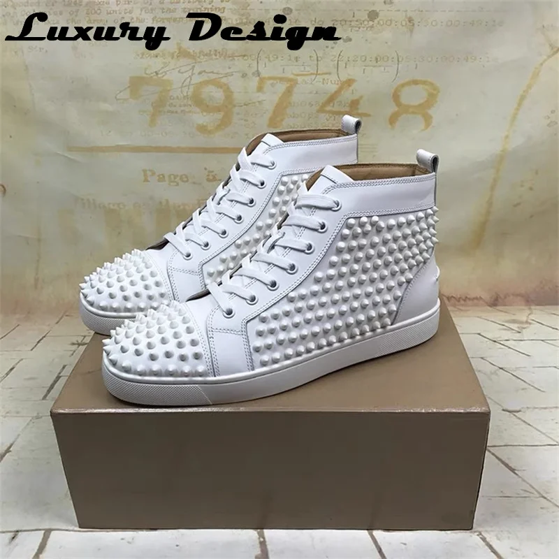 Luxury Brand Spikes Casual Shoes Rivets Men Sneakers Real Leather High Quality Red Bottom Shoes for Women High Top Flat Sneakers