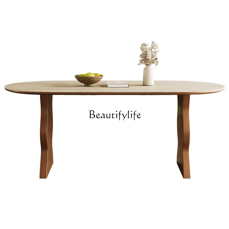 

D33French retro travertine rock slab dining table walnut Nordic solid wood ash wood dining table