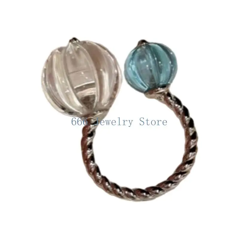 F2TD Pumpkin Open Ring with Glossy Translucent-Look Ends, Rope-Textured Copper Alloy Band, and Playful Finger Jewelry Design