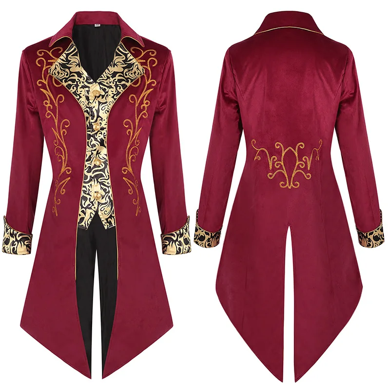 Adult Men's Red Purple Jacket Medieval Frock Coat Victorian Patchwork Noble Costume Steampunnk Trench Tuexdo Tailcoat Gothic