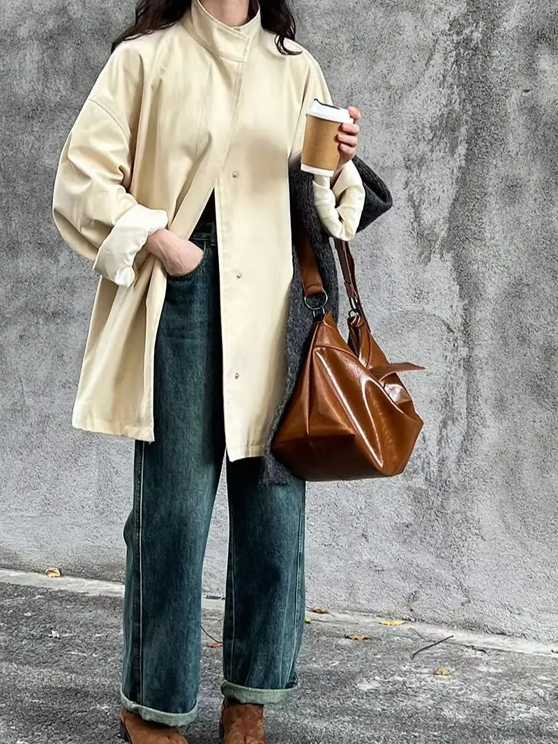 DFDG Women Oversized Stand Windbreaker 2026 Loose Mid Length Button Jacket Drop Shoulder Minimalist Outerwear Daily Street Coat