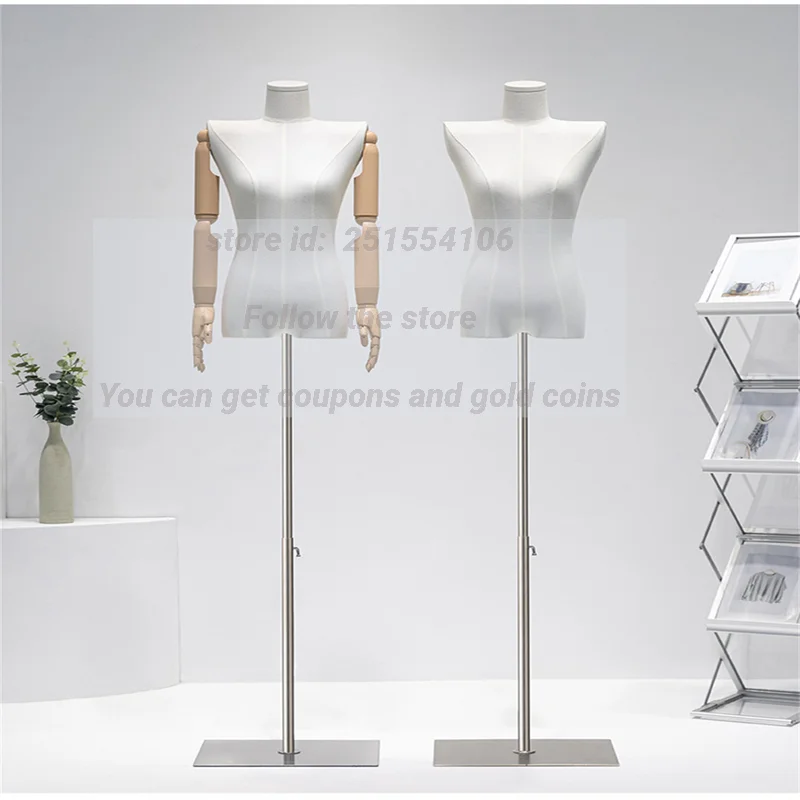 Half Length Flat Shoulder Female Head Mannequin, Body Props Collarbone, Right Angle, Clothing Store Model, Iron Base, D405