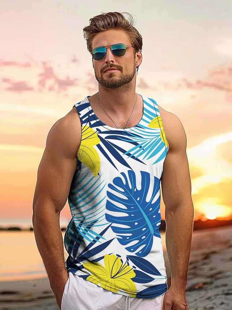 Casual Men's Tank Top for Seaside Vacation Top for Summer Trip Hawaiian Style Men's Tank Top Tropical Palm Leaf and Flower Print