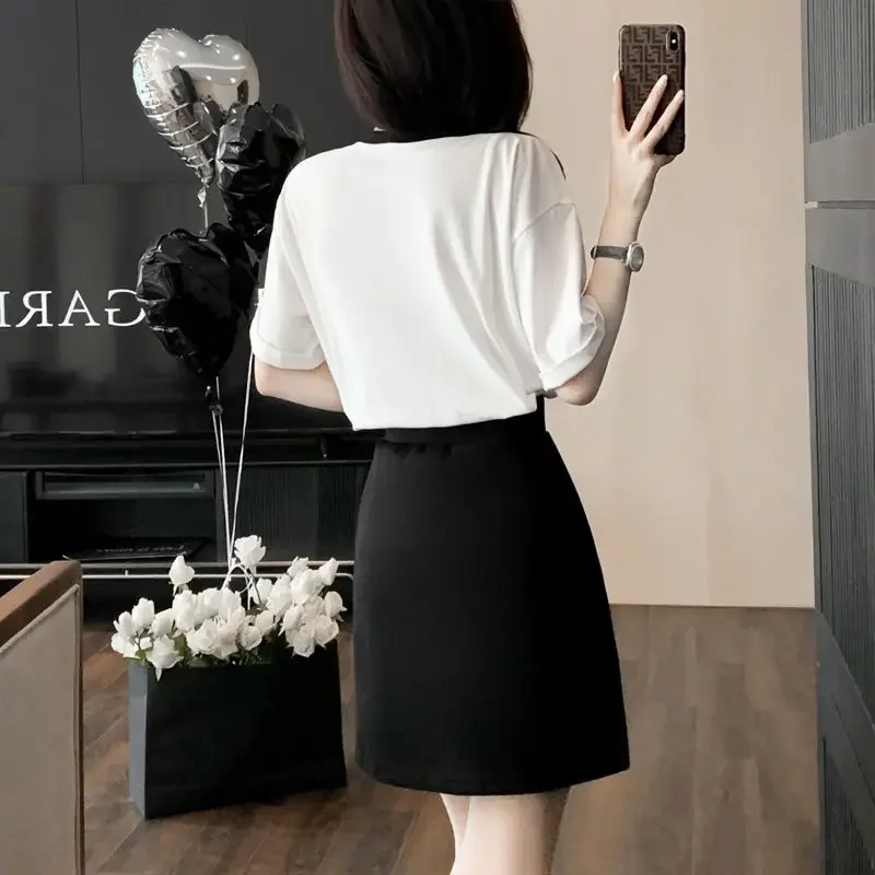 Midi Black White Mini Lightly Cooked Office Short Sleeve Women's Two Piece Set Skirt Printing Female Outfits Summer Fashion 2024