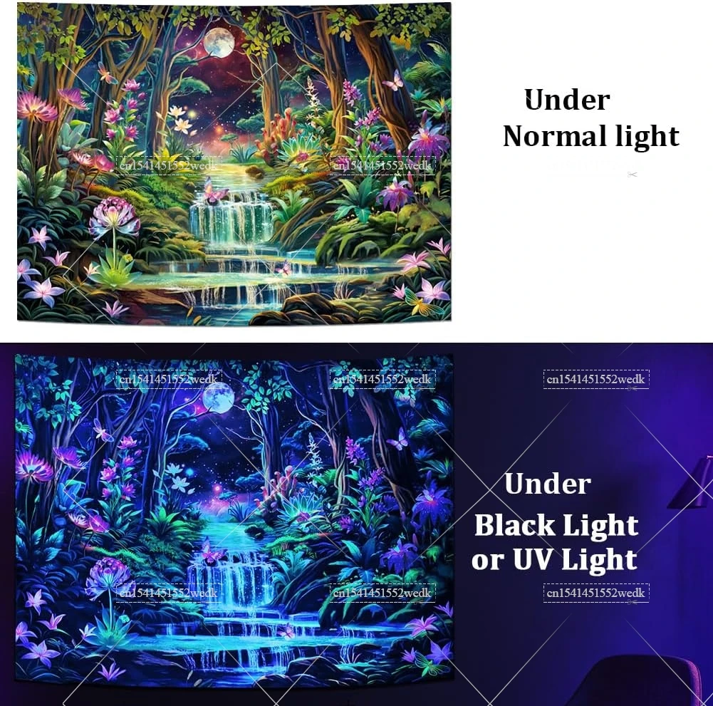 Forest Moon Blacklight Tapestry UV Reactive Neon Galaxy Space Black Light Tapestrys Glow In The Dark Wall Decor Party Backdrops