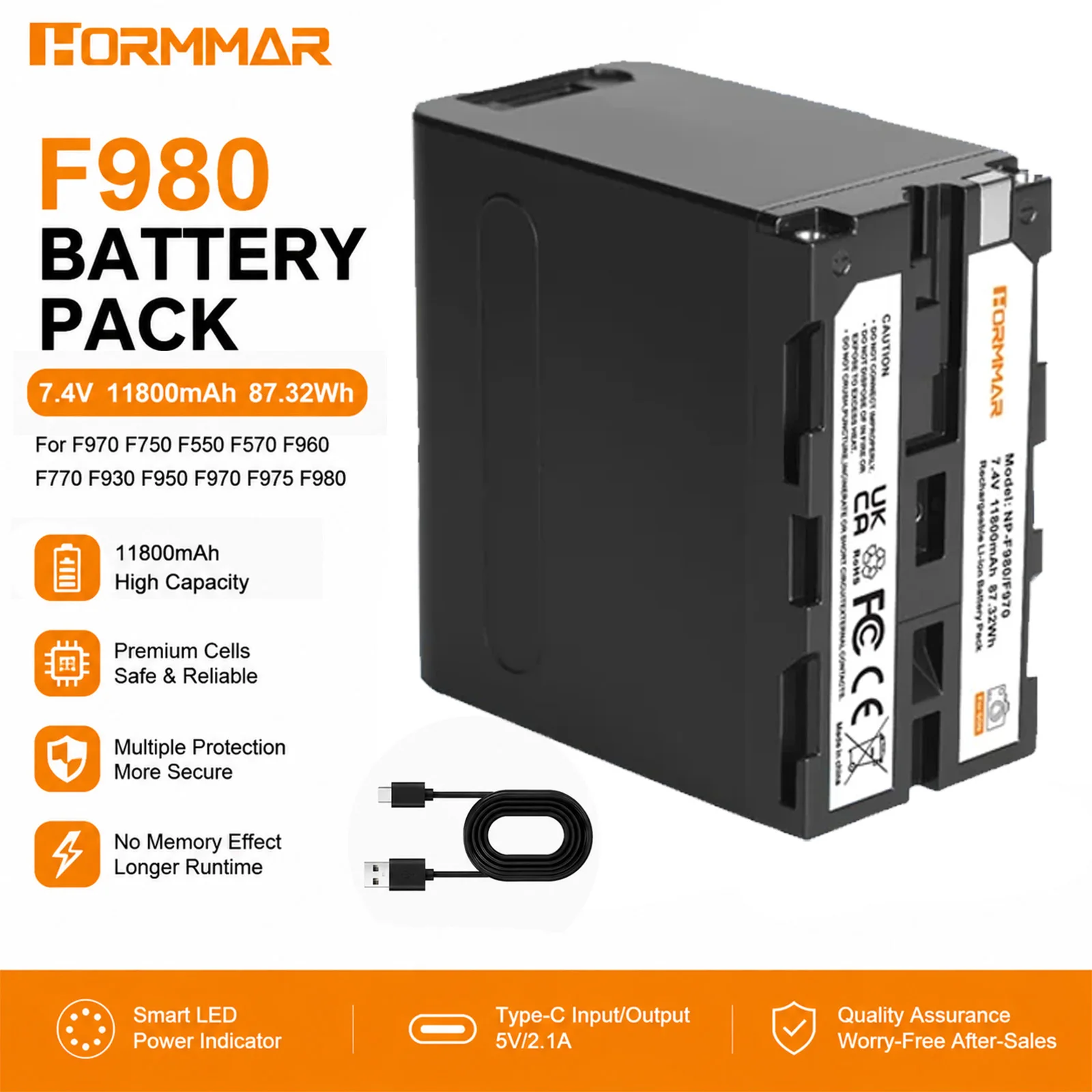 Аккумулятор Li-ion NP-F980 емкостью 11800 мАч с USB-выходом для зарядки, совместимый с камерами Sony NP-F970, F960, F950, F550, F530, F330
