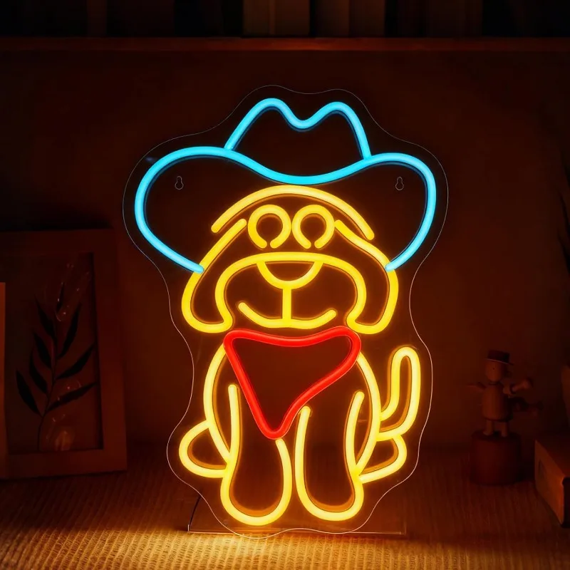 Enseigne néon LED Chien Cowboy, Chapeau de cowboy, Enseigne néon pour chien pour décoration murale, Lumières néon à intensité variable, Alimentation USB pour Chambre, Chambre d'enfant, Salon, Bar, Pub, Club, Maison
