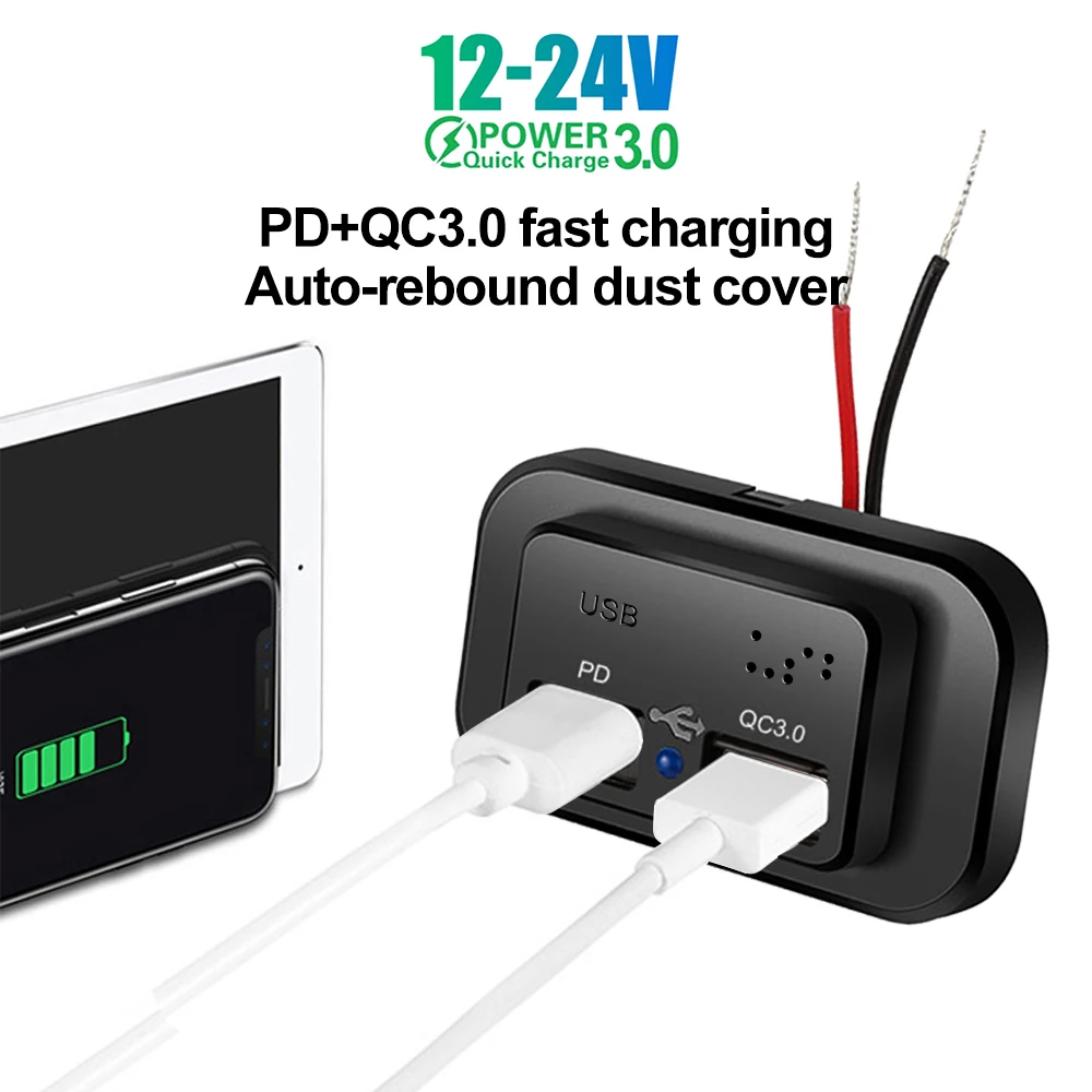 12V 24V Dual USB Port Car Charger Socket QC3.0 PD Phone Charging Outlet Power Adapter for Motorcycle Camper Truck ATV Boat RV