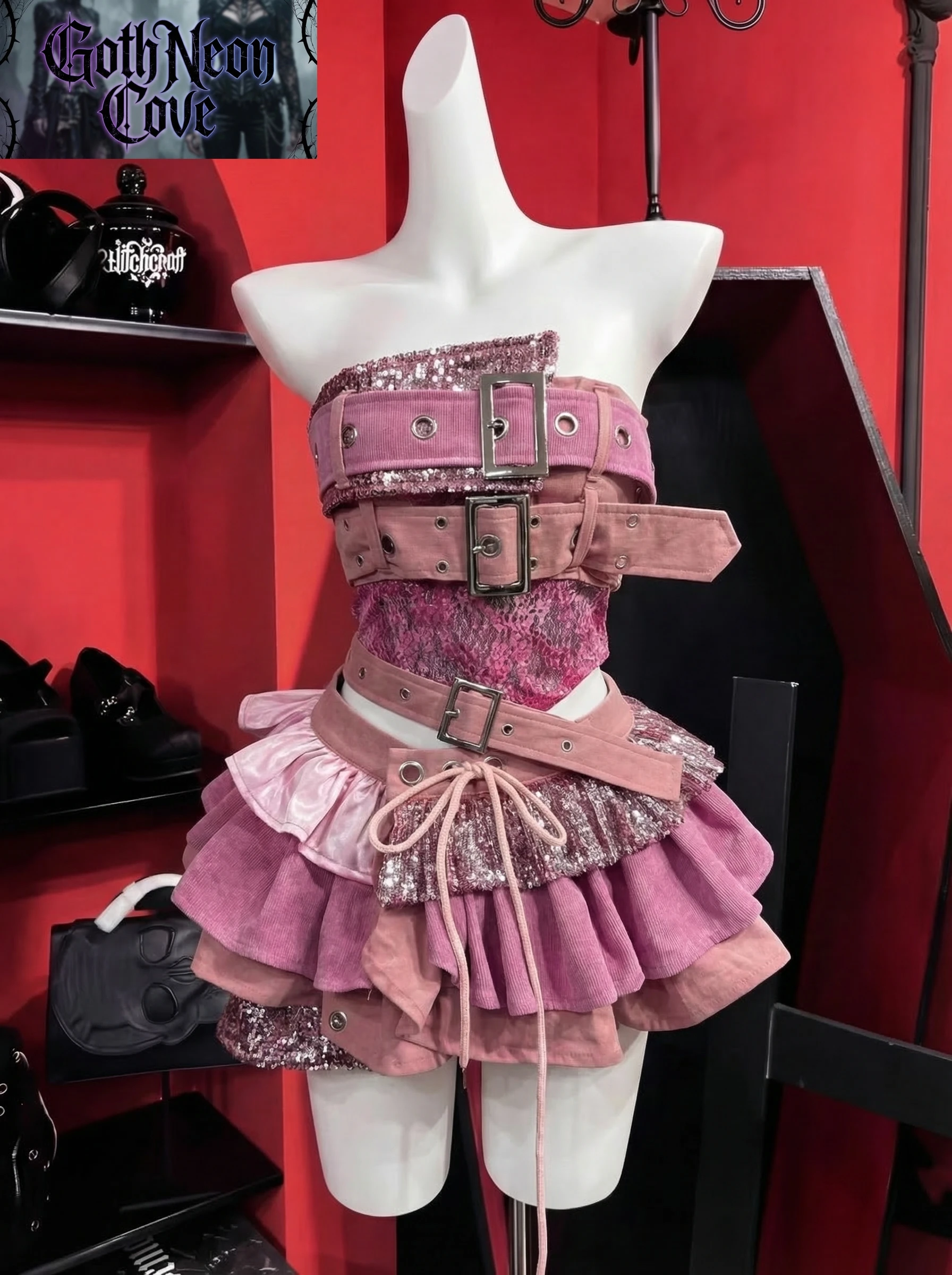 

2000s Aesthetic Punk Style Women New 2 Piece Set Sexy Strapless Tops + High Waist Skirt Female Retro Chic Korean Popular Clothes