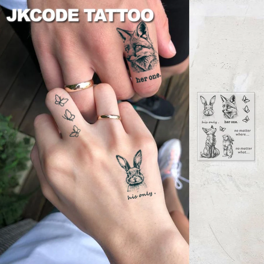 Valentinstag Paar-Set Hasen- und Fuchs-Tattoo-Aufkleber, Judy und Nick, „Her One“ „His Only“ Niedliches und Süßes Design Paar-Tattoo, Wasserfest, Langanhaltend, Kräuter-Temporärtattoo, Hält 7-14 Tage
