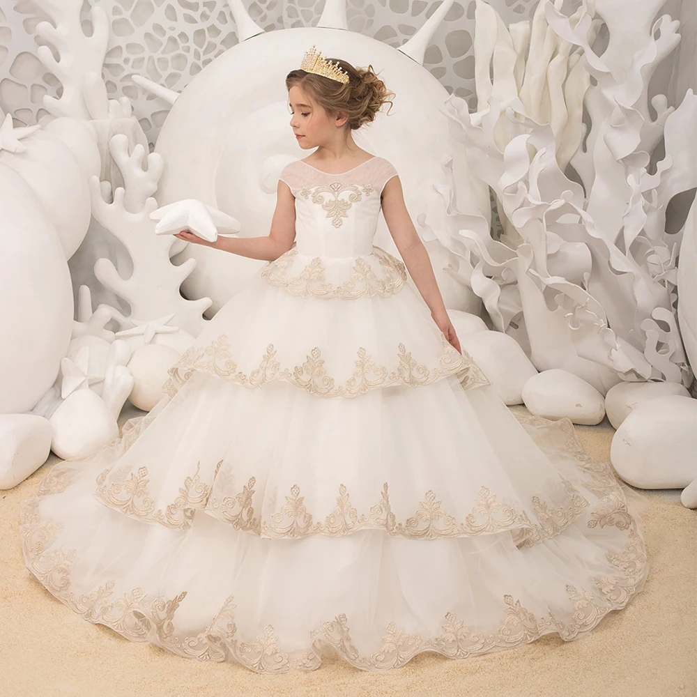 Ivory First Communion Dresses with Gold Applique Round Neck Cap Sleeve Tiered Tulle Birthday Party Gown Flower Girl Dress