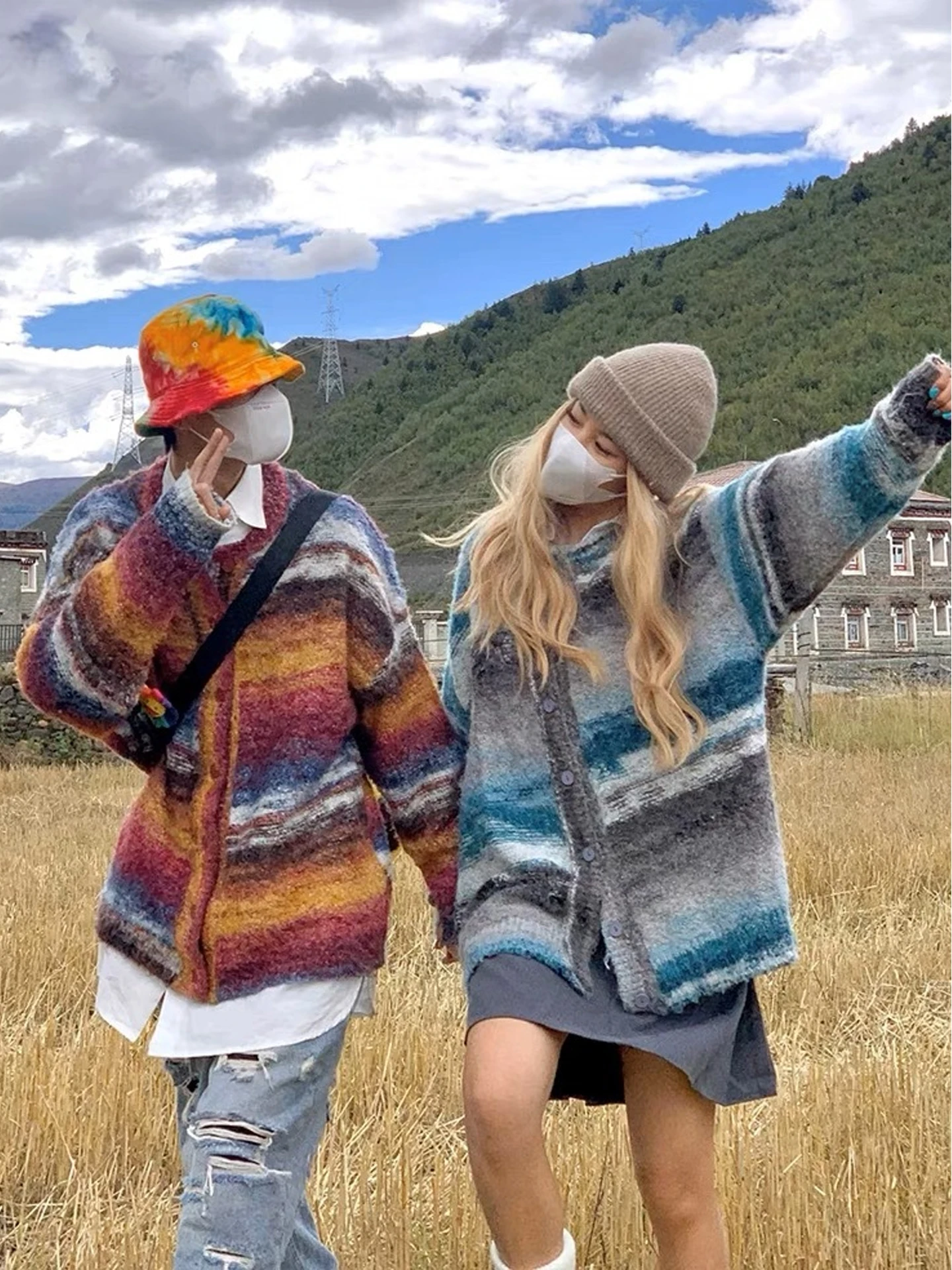 

Retro American Color Blo Striped Loose Knitted Cardigan Men's Lazy Sle Dyeing Jaet Casual Comfortable Breathable Long S...