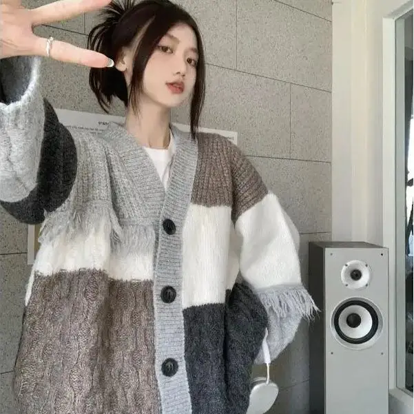 

Autumn Winter Women Knitted Cardigan Retro Lazy V-Neck Tassel Top Korean Chic Joker Sweater