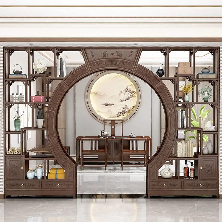 Moon Cave Door Solid Wood Living Room Partition Bogu Frame Duobao Pavilion Round Arch Shelf Double Circle Moon Door