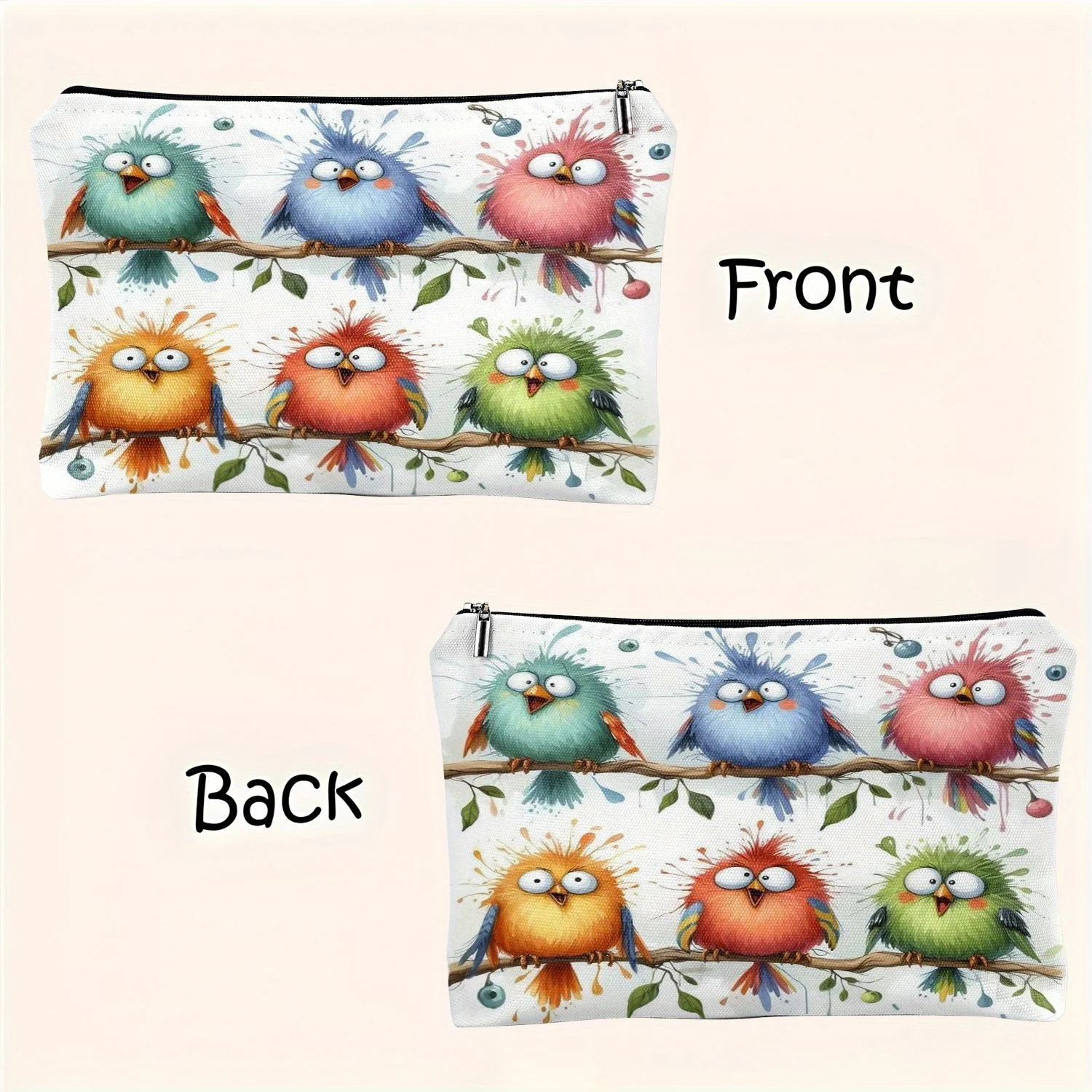 Uma bolsa de maquiagem colorida com estampa de pássaros – linda bolsa multifuncional com zíper para mulheres, bolsa de armazenamento de joias