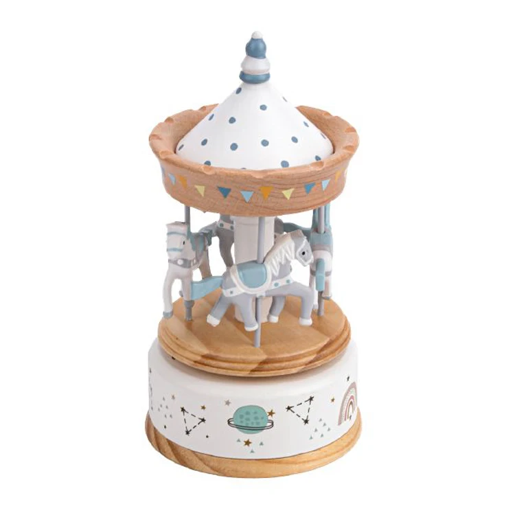 Handmade beech clockwork round wooden carousel music box logo custom birthday gift