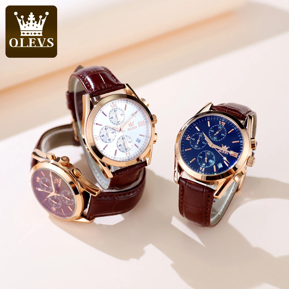 Olevs 2872 Chronograaf Heren Polshorloges Lederen Band Waterdichte Lichtgevende Originele Quartz Horloge Voor Mannen Luxe Sport Man Horloge