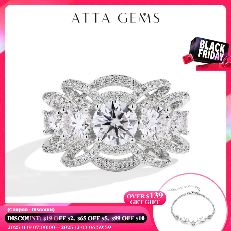

ATTAGEMS Luxury Round Cut 1CT Moissanite Ring for Women D VVS1 Lab Diamond Real S925 Silver Engagement Wedding Jewelry Pass Test