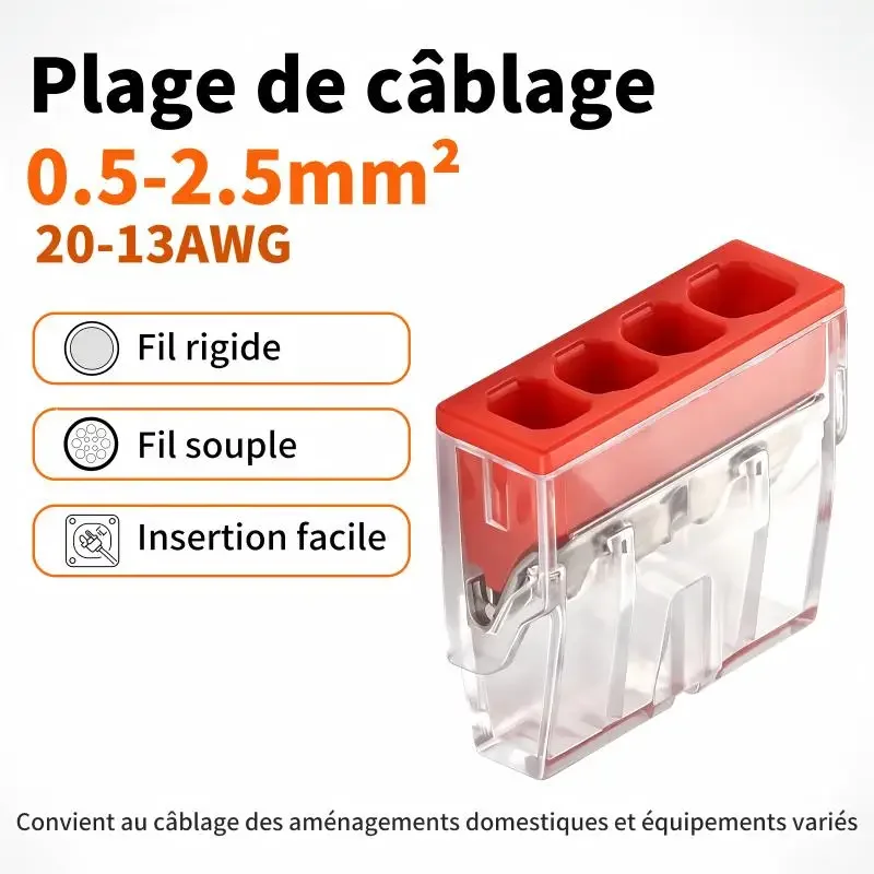 JINH 500Pcs Transparent CMK20 Series Electrical Push-in Connectors 4 Ports Clear View Fast Install Splicing Connectors