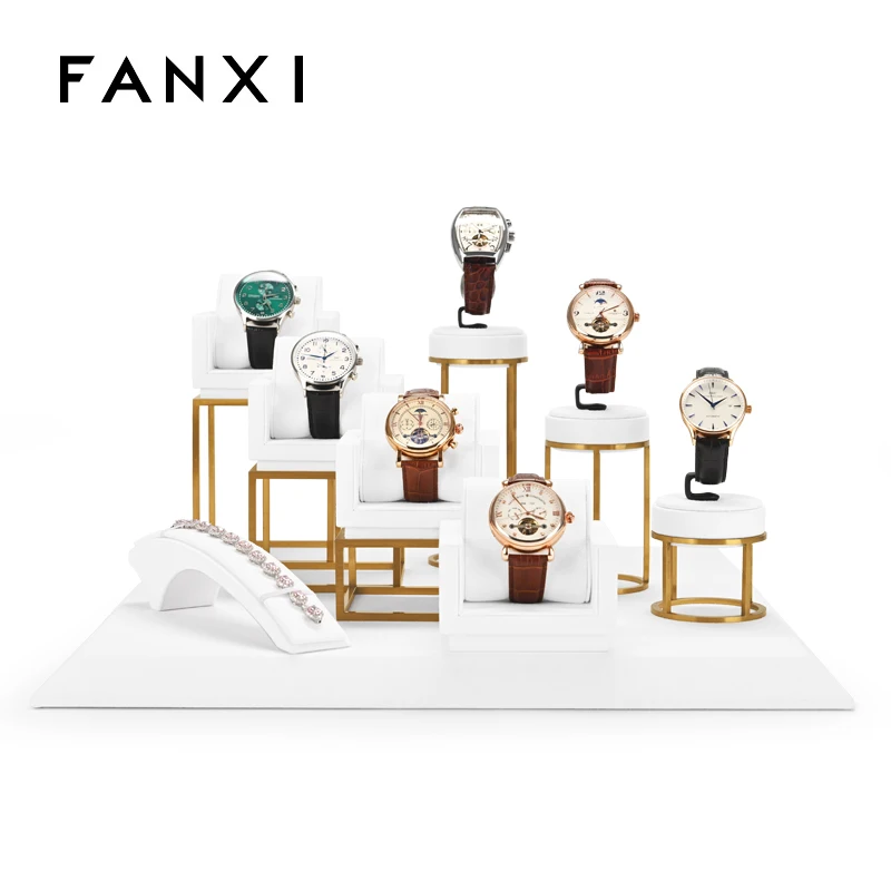 مجموعة حامل عرض الساعات الفاخرة من FANXI، إطار معدني ذهبي، وسادة مخملية بيضاء بتصميم طبقات لتخزين الساعات، حامل ساعة أنيق