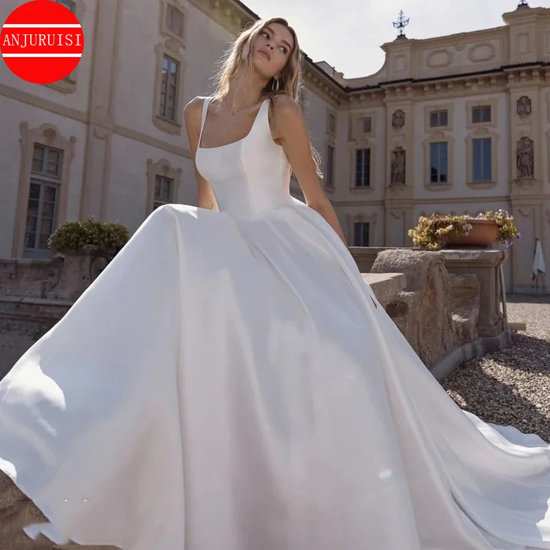 

Simple Satin Wedding Dresses For Women2023 Sexy Backless Bride Sleeveless Vestidos De Novia Chaple Train Mariage Abito Da Sposa