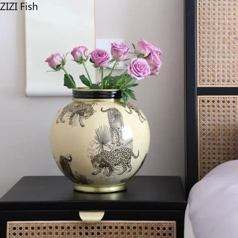Creative Ceramic Vase Handmade Porcelain Imitation Tiger Pattern Flower Vase Ceramic Handicraft Porcelain Bottle Home Decoration