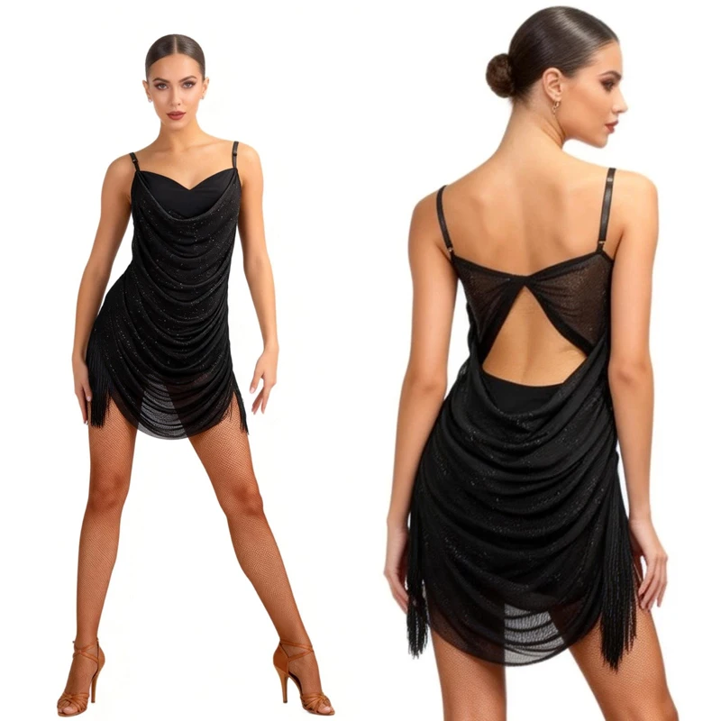 

Сексуальное красивое платье для латиноамериканских танцев с открытой спиной, женское черное сетчатое платье для латиноамериканских танцев, костюм для выступлений для взрослых, танцевальный костюм SL14925