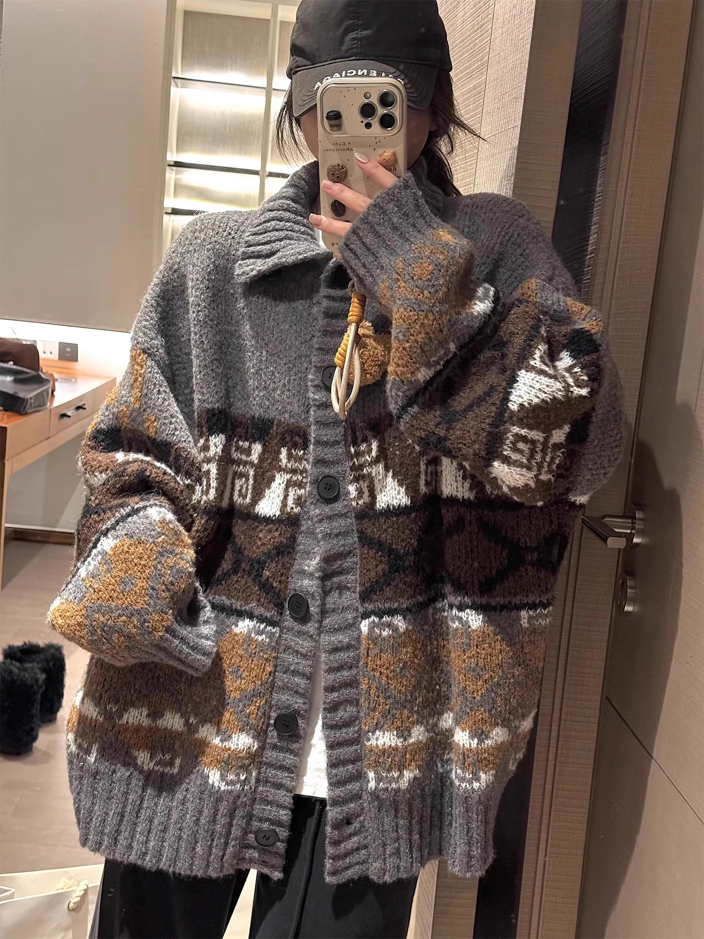 

Vintage Jacquard Collar Gray Knitted Cardigan Soft Cozy Single-breasted Beige Sweater Jacket Korean Autumn Winter Outfit Ladies