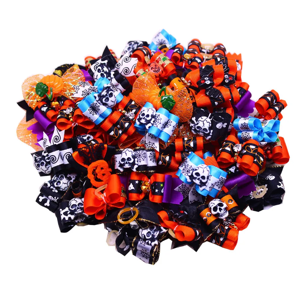 100PCS Dog Bows Halloween Hair Bows For Small Dog Cat Skull Pumpkin Style Bows Rubber Bands For Dogs Hair Accessories