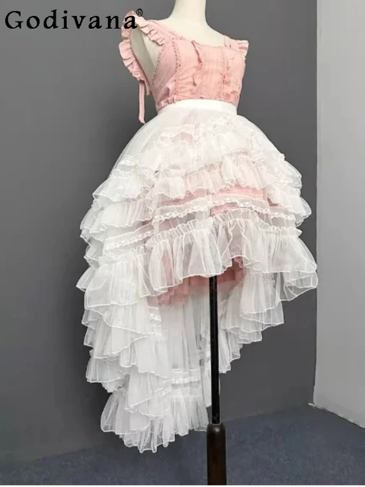 

Весенне-летняя персонализированная готическая юбка в стиле Лолита с длинным шлейфом и кружевом, модная, с эластичной талией, универсальная, омолаживающая, милая юбка-кейк