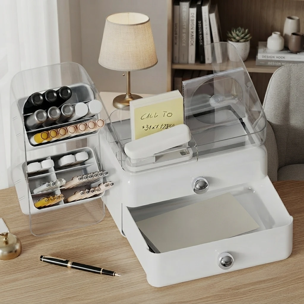 Transparent desktop stationery storage box with drawer pen holder desk organizer student desk storage artifact